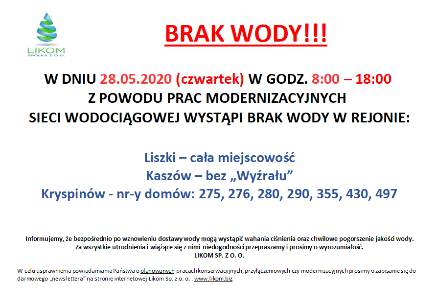UWAGA BRAK WODY! Liszki, Kaszów, Kryspinów - 28.05.2020 r.