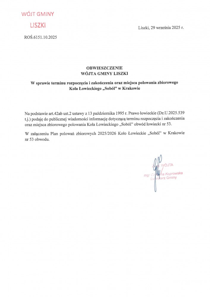 Obwieszczenia w sprawie terminów polowań w sezonie 2025/2026