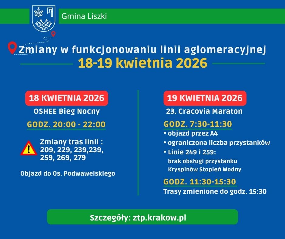Zmiany w funkcjonowaniu linii aglomeracyjnych 18-19 kwietnia 2026 r.