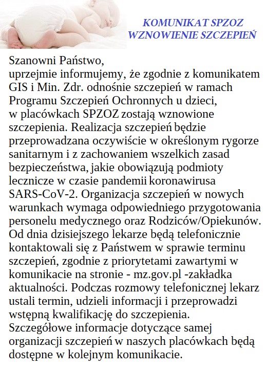 Komunikat SPZOZ dot. wznowienia szczepień