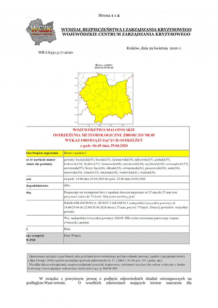 Ostrzeżenie meteorologiczne nr 85