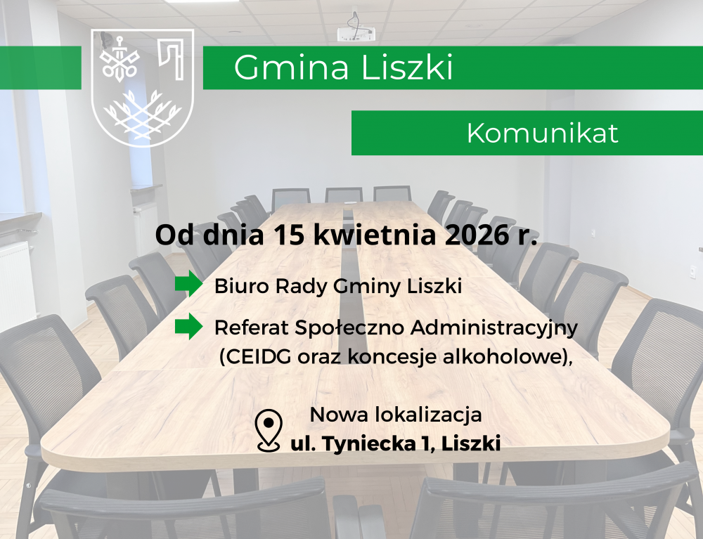 Zmiana siedziby Referatu Społeczno-Administracyjnego oraz Biura Rady Gminy Liszki