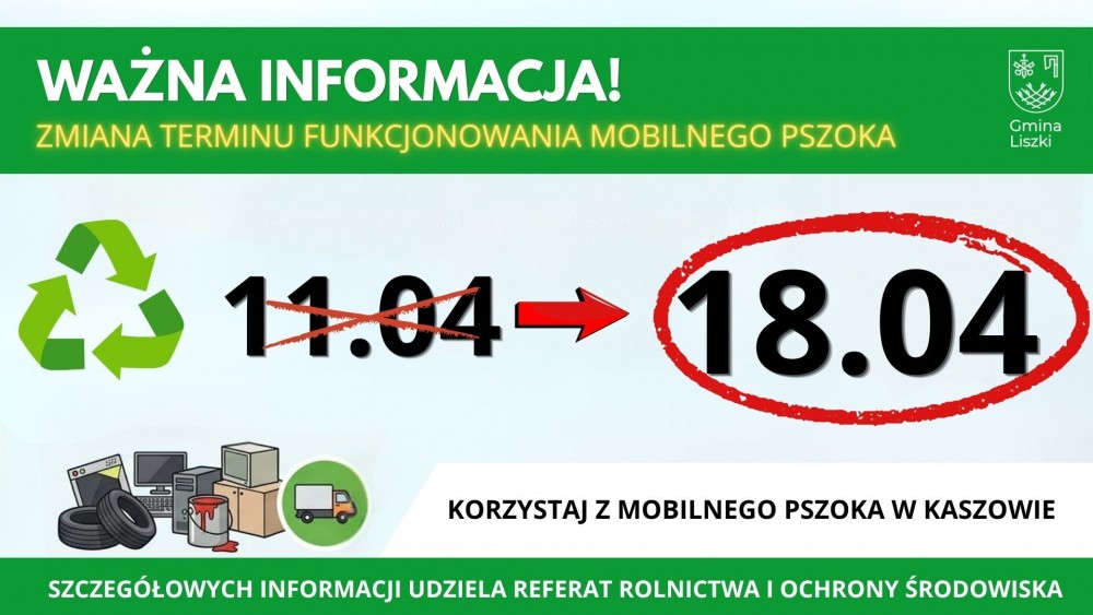 Zmiana terminu zbiórki odpadów: Mobilny PSZOK w Kaszowie