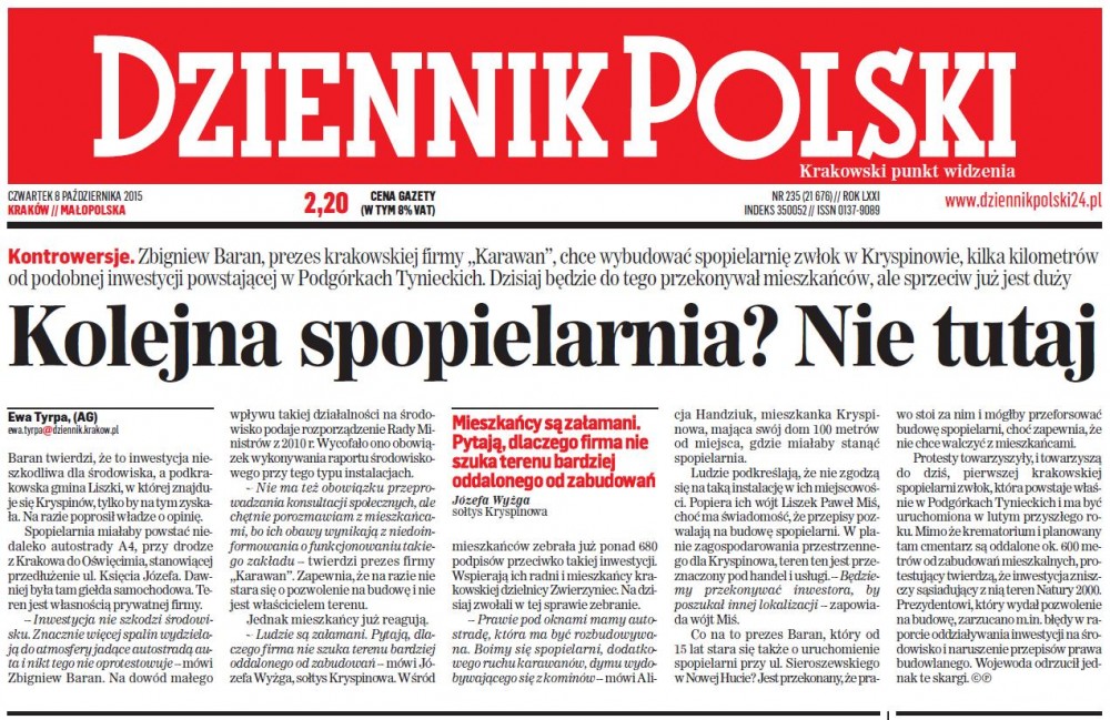 Artykuł z gazety Dziennik Polski w kontrowersyjnej sprawie dotyczącej spopielarni w Kryspinowie.