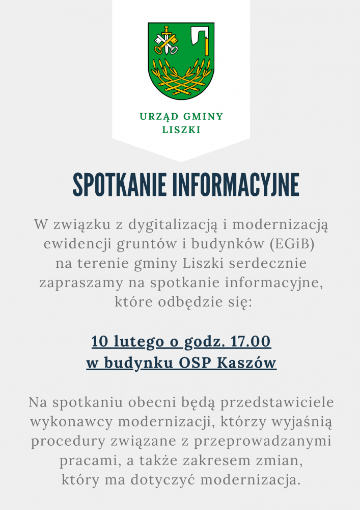 Spotkanie informacyjne dotyczące modernizacji ewidencji gruntów i budynków na terenie gminy Liszki 