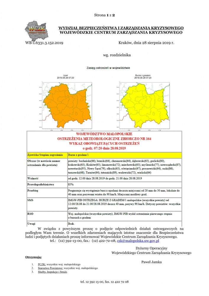 Ostrzeżenie meteorologiczne nr 164