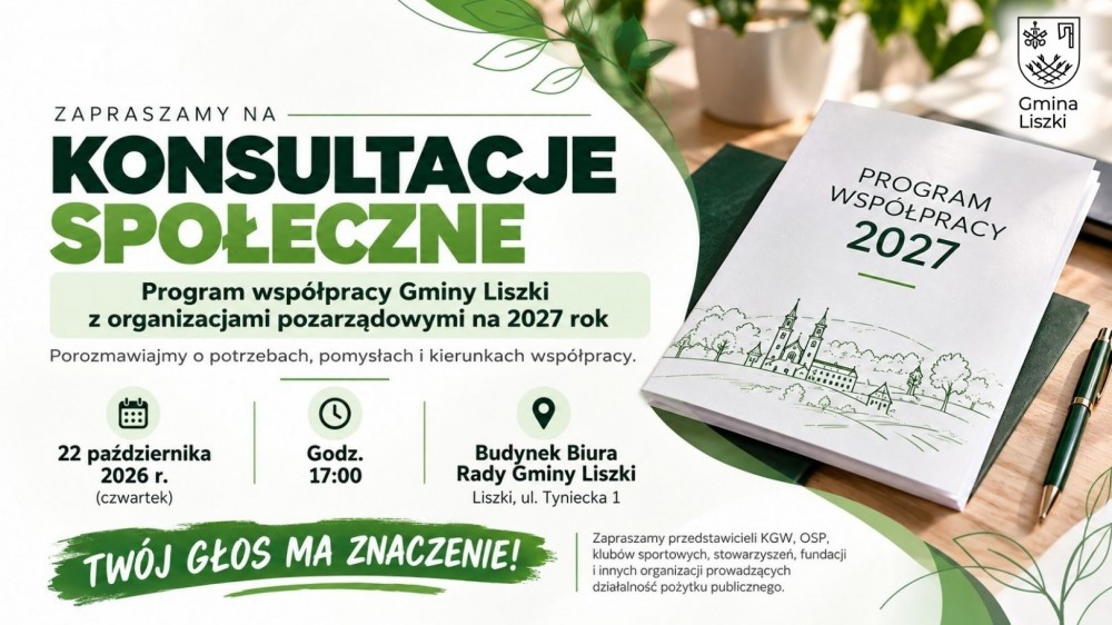 Zaproszenie na konsultacje społeczne dotyczące współpracy Gminy Liszki z organizacjami pozarządowymi w 2027 roku